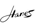 A black and white image of the word hanes.